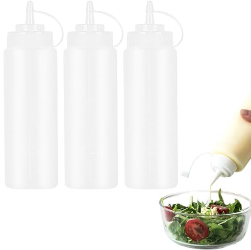 JASTOO Squeeze Botella de salsa, 3 unidades de 500 ml (16 oz) de plástico con tapa sin BPA, sin fugas, dosificador, para ketchup, dispensador de salsa, botella de especias