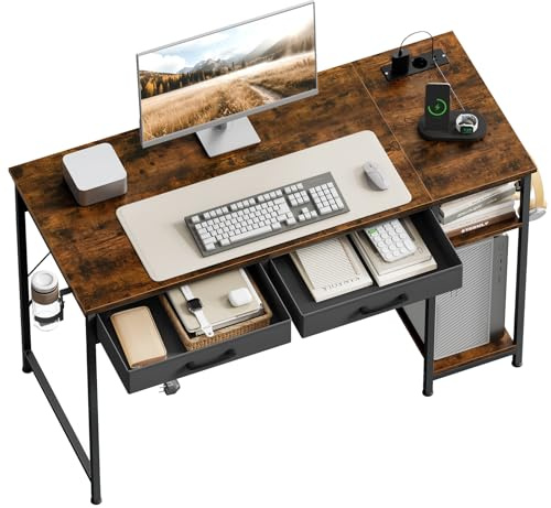 WOLTU Mesa Escritorio con 2 Cajones y 2 Estanterías, Puerto USB Tipo C y Estación de Carga, Portavasos y Gancho, para Estudio y Oficina, 120x51x75 cm, Marrón rústico