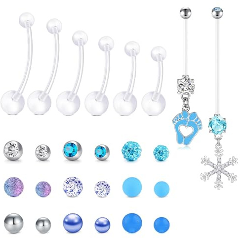 CIZME Piercing de nombril de grossesse 14G UV Bioflex - 8 longueurs (12-38 mm) - Piercing de nombril flexible pour femmes enceintes - Avec 18 boules de rechange - Hypoallergénique