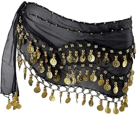 Belly Dance Hip Scarf Chiffon Sequin Skirt Black and Gold Color Blocking | Belly Dancer Outfit Adds Highlight Tassel Skirt Sequin Embellishment Dance Costume Suitable for Women Bellys