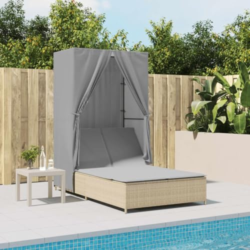 Yunovire Doppio lettino da sole con tetto e tende, beige, in polyrattan, regolabile, ergonomico, con cuscino, resistente alle intemperie, per giardino, terrazza, balcone, piscina