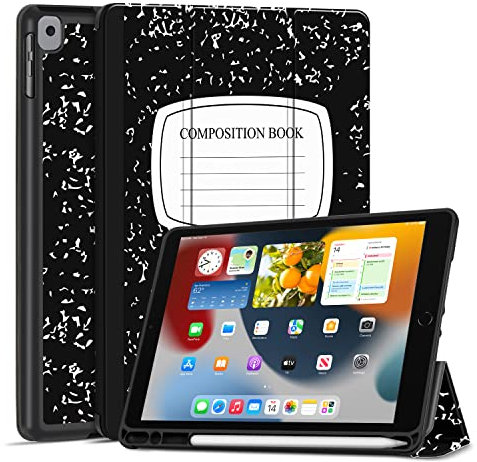 TNP iPad Hülle für iPad 9./8./7. Generation 10,2 Zoll 2021/2020/2019 Modell, Schutzhülle mit Stifthalter, dünner und weicher iPad Case aus TPU, mit Auto Schlaf/Wach Funktion, Komposition Buch