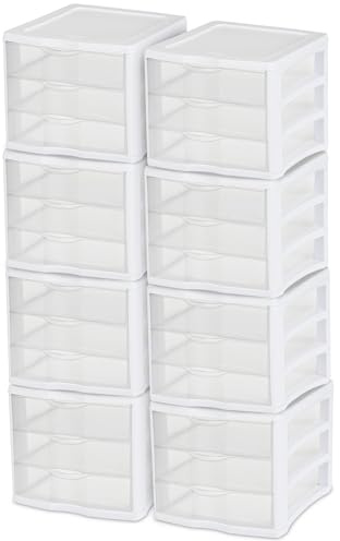 Sterilite ClearView Compact Stacking 3 Drawer Storage Organizer System, (8 Pack)