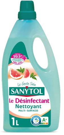 Sanytol - Désinfectant Nettoyant Multi-Usages Sols et Surfaces - Parfum Pamplemousse et sel Marin - 1 L - Bactéricide, Virucide, Fongicide - Sans Javel, Air Label Score A+