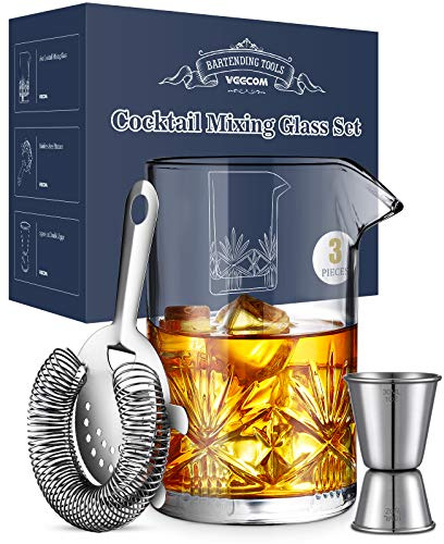 Cocktail Mixing Glass, veecom 18oz Crystal Bartender Kit, 3 Piece Old Fashioned Cocktail Set with Strainer, Jigger, Bar Tools Cocktail Shaker Set, Cocktail Mixer Stirring Glass
