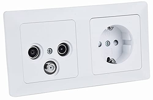 Milos Antennendose Steckdose 2-Fach Unterputz Kombination - TV SAT Kabel 3-fach Anschlussdose Rahmen Schutzkontaktsteckdose mit Steckklemme Matt Weiß