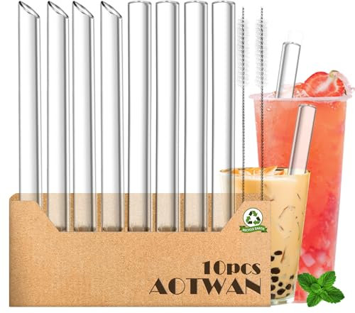 AOTWAN Bubble Tea Strohhalme,Glas Strohhalme Wiederverwendbar,10 Stück Enthalten 4 Schräges Port+4 Lange Boba Tea Glasstrohhalme+2 Reinigungsbürsten,Glasstrohalme für Smoothie,Perlmilchtee und Säfte