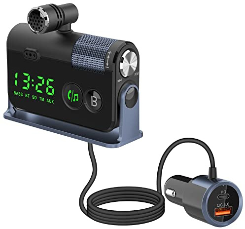 WYYHAA Fm Bluetooth Transmitter Car, 2 Microphones & QC3.0 +Type-C PD 18W HiFi Bass, Car Bluetooth Adapter Supports Hands-Free Calling, Siri Google Assistant, TF Card AUX Output, Blue