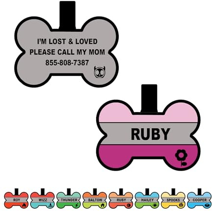 Silent Dog Tag Personalized with 5 Lines of Custom Deep Engraved Durable Soundless Silicone Pet ID Name Tag Bone Design Pink