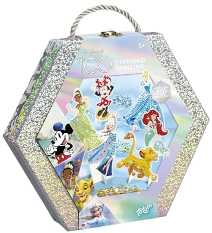 Totum Disney 100 Anniversary Diamond Painting Figures in Beautiful Gift Box - 6 Disney Characters to Decorate with Over 850 Diamonds in Glitter Craft Case Gift for Kids