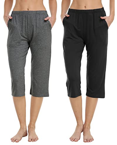 JINSHI Pyjama Pantacourt Femme été Bas de Pyjama Shorts pour Dormir Loisir | Super Doux, Confortable Bas de Pyjama 3/4, Pantalon de Détente, Pyjama court, Pantalon de nuit, Pantalon Capri Décontracté.