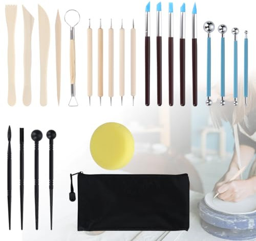 ALXBSONE 25 Stück Modellierwerkzeug Töpferwerkzeug Modelierwerkzeugset Ton Werkzeug Mit Eine Aufbewahrungstasche für Kunsthandwerk, Skulptur Anfänger