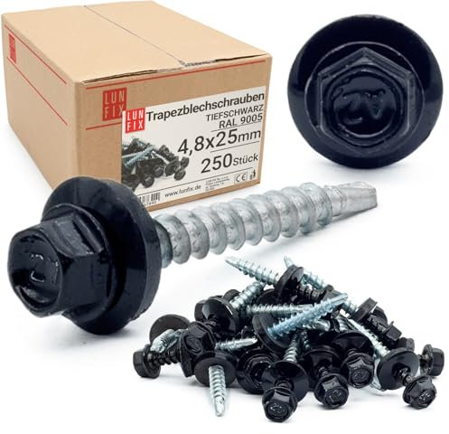 Tornillos autotaladrantes 4,8 x 25 mm Negro profundo RAL 9005 con arandela, 250 uds, tornillos para panel sandwich, chapas metálicas, tejado de metal y madera, tornillos autorroscantes con junta