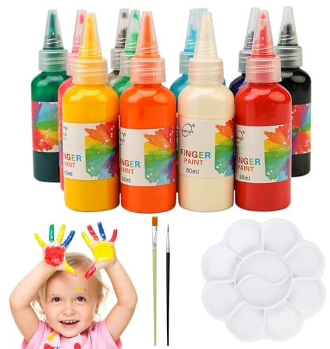Tokaneit Fingerfarben Kinder Ungiftig, Kinder Malen, 8 Farben x 60 ml mit 2 Pinseln und 1 Palette, Waschfest für Leinwand, Stoff