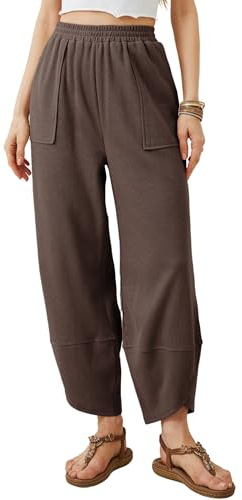 Xiaoxuemeng Womens Baggy Wide Leg Pants Casual Elastic Waisted Palazzo Harem Pants with Pockets(Coffee-M)