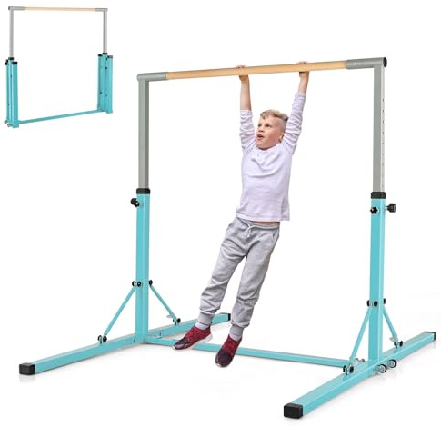 KOMFOTTEU Barre Gymnastique Enfants, Hauteur réglable : 91-150cm | Barre Horizontale Charge de 100 kg, 13 Niveaux Hauteur, Équipement de Gymnastique en Métal et Bois