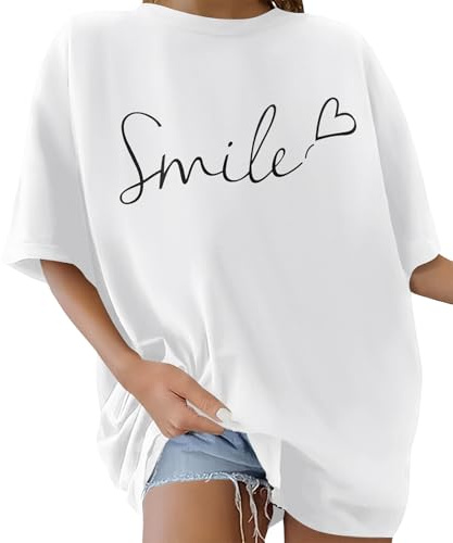 heekpek T Shirt Donna Cotone Oversize Girocollo Maglietta Donna Manica Corta Casual Magliette Estive con Stampa, Bianco, XXL