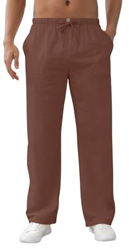 Aisprts Pantalon Lino Hombre Pantalones Holgados de Ocio Pantalones Ligeros de Verano para Hombre con Bolsillos, Cintura Elástica y Cordón