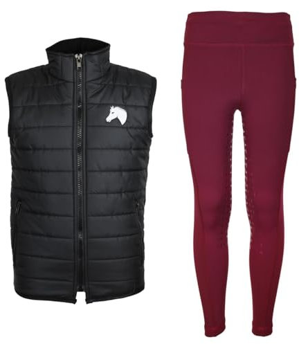 MS-Trachten Reitset Winter Kinder Reitweste Moni Schwarz gesteppt mit Reitleggings Amy Bordeaux (134/140)