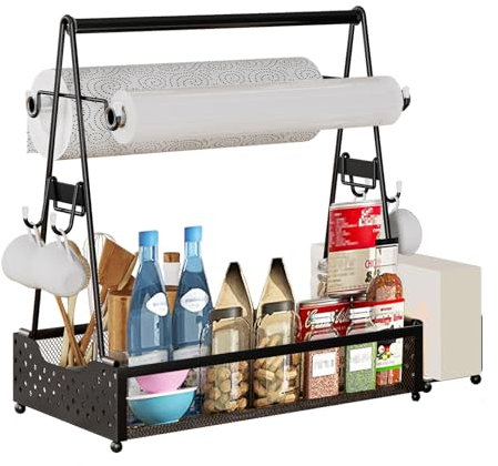 Panier de barbecue, récipient à ustensiles de barbecue avec porte-serviettes en papier et 4 crochets, en métal, accessoires de camping, organisateur pour cuisine et extérieur