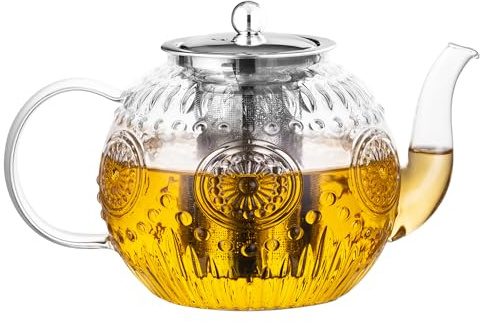 Amzcku 50OZ/1500ml Vintage Glass Teapot with Removable Infuser – Stovetop Safe, Borosilicate Glass Tea Kettle for Blooming & Loose Leaf Tea