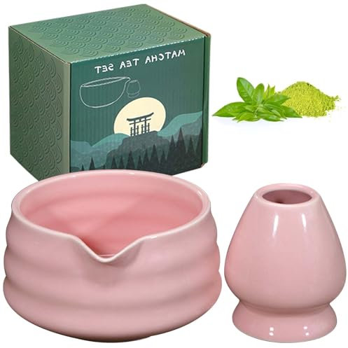 GOMETY Japanische Matcha-Schale mit Ausgießer, Chawan Matcha-Teeschale mit Schneebesenablage, Traditionelle Matcha-Keramikschale Matcha-Schale Chawan Teeschalen Keramik-Matcha-Schale (Rosa)