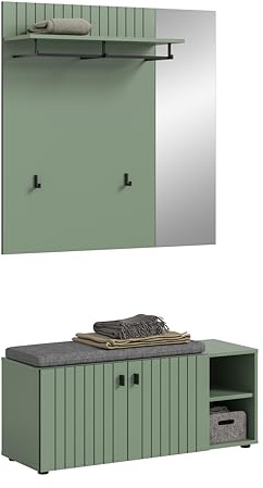 xonox.Home - 2 pièces - Station de Garde-Robe 106 x 192 x 37 cm - Vert fumé - Ensemble vestiaire avec Banc avec Coussin et Panneau de Garde-Robe - Étagère Confortable