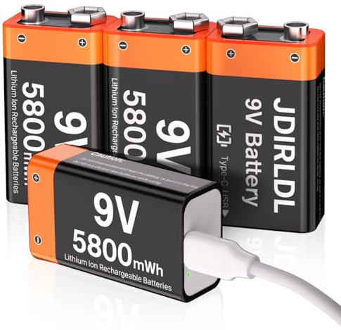 RRUHHK (5800mWh) Rechargeable 9V Batteries, New Upgrade High Capacity Lithium 9 Volt Battery Replacement for Smoke Alarm,Multimeters,Walkie-Talkie,Toys etc, with 2 in 1 USB-C Cable - 4 Pack