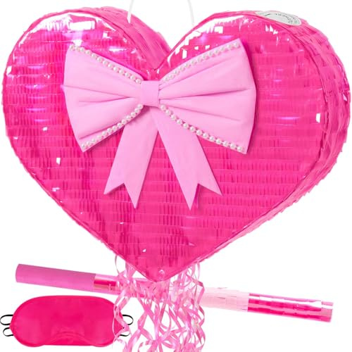 WERNNSAI Valentine's Day Pinata - Heart Pinata Birthday Girls Ladies Pink Love Piñata with Stick Eye Mask Pull Cord Valentine's Day Decoration Birthday Party Piñata Party Game Wedding Game