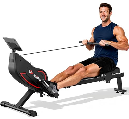 Winfita Rowing Machines for Home,Quiet Resistance Magnetic Rower Machine with 32 Levels,350lb Weight Capacity,Compact Dual Slide Rail,LED Monitor & Comfortable Seat,App Supported&Tablet Holder