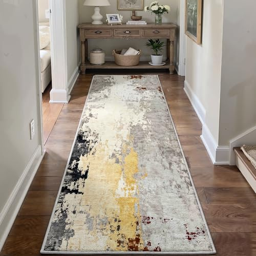Klyvvo Abstracto Alfombra Pasillo 80x300 cm, 0.85 cm Pelo Corto Alfombra, 1200 g/m³ Poliéster, Lavable a máquina, Base Antideslizante de TPE, para dormitorios, Cocina, Porche, Beige&Dorado&Negro