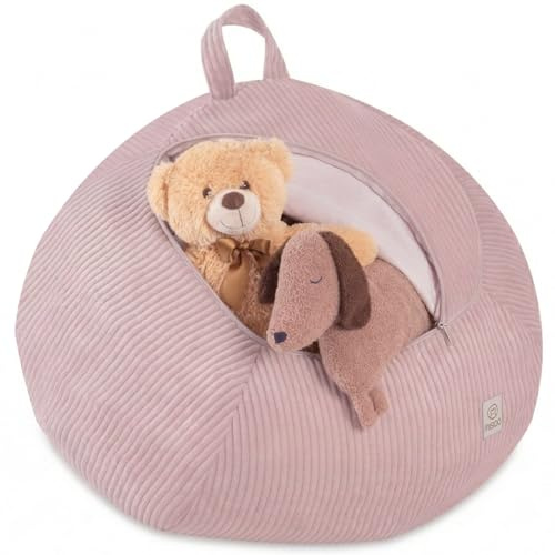 MISIOO Funda de puf para niños, funda para puf de peluche, caja de juguetes y puf en uno, lavable con cremallera, organizador de peluches para habitación infantil, color beige
