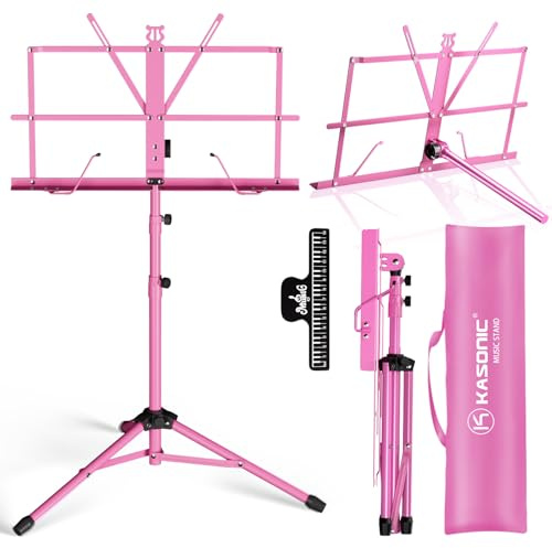 K KASONIC - Music Stand, 2 in 1 Dual-Use Folding Sheet Music Stand & Desktop Book Stand, Portable, Lightweight with Music Sheet Clip Holder & Carrying Bag Suitable for Instrumental Performance (Pink)