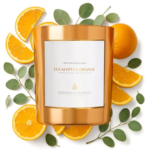 Benevolence LA Eucalyptus Orange Wood Wick Candles | Soy Christmas Scented Candles for Home | Holiday Candle Gifts for Women and Men | Home Fragrance | Aromatherapy | Shelf Decor | 8oz, 45 Hour Burn