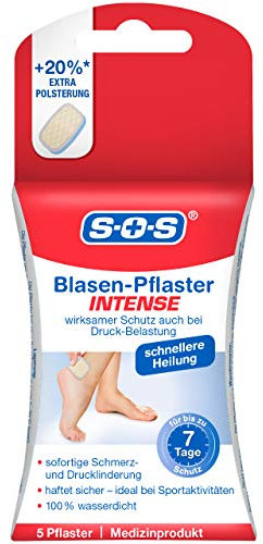 SOS Blasen-Pflaster INTENSE, Blasenpflaster mit 20% Extra-Polsterung*, wirksamer Schutz bei hoher Druckbelastung, Fersenpflaster bei Fußblasen, wasserdichte Wundpflaster für Blasen, 1 x 5 Pflaster