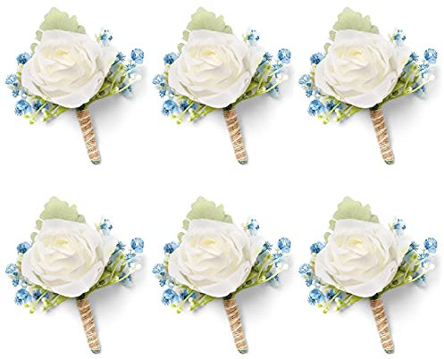YSUCAU White & Blue Rose Boutonnieres for Men Wedding, Wedding Decor, 6PCS
