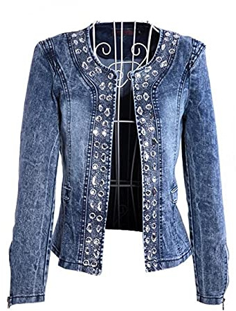 FLLLYQ Chaquetas para Mujer,Chaqueta De Mezclilla De Cuello Redondo Casual, Chaqueta De Mezclilla Delgada De Talla Grande, Chaqueta De Cárdigan Elegante con Pedrería para Damas, como Imagen, L