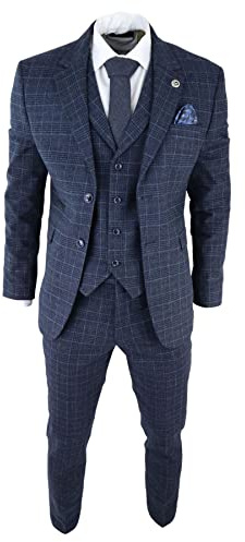 Mens Tweed 3 Piece Suit Blue Check Vintage 1920s Gatsby Blinders Tailored Fit - Blue 44