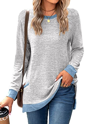 Famulily Ladies Casual Wear Longline Round Neck Tops Color Block Jumper Sweatshirt Long Sleeve Baggy Tops Light Grey XXL