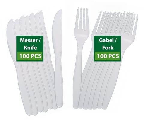 BIODORF Umweltfreundliche Besteck Set | 200 Stück (je 100 Messer und 100 Gabeln) | Stabiler als einweg Besteck | Mehrweg & Robust | Für Partys, Feiern & Feste