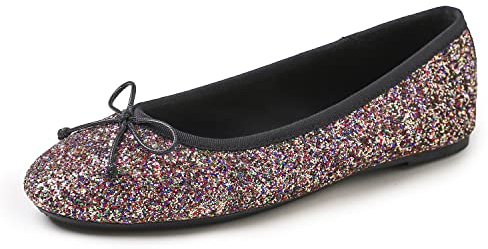 Feversole Damen Klassische Ballerinas Profilsohle Glänzende Ballerina Flach Multi Schwarz Größe 41 EU