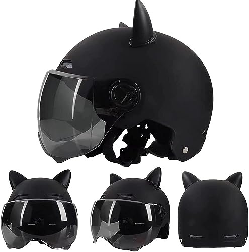 Kcolic Motorrad Halbhelme Mit Katze Ohren Halbschale Jet Roller Helm Halbschalenhelm Mit ECE Zertifizierung Scooter Mofa Helm Motorrad Half Mit Visier Für Cruiser Chopper Biker D