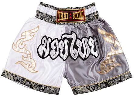 MUAY NATION Pantaloncini Muay Thai per Bambini (2-12 Anni) Trunks da Boxe per Ragazzi e Ragazze per Kickboxing, MMA, Arti Marziali (IT, età, 4 Anni, 6 Anni, Regular, Bianco/Grigio)