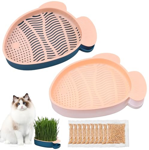 HOMURY Fischform Katzengras Tablett Wachstumsset: 2 Stück Kunststoff Bequem Katze Gras Fall, Hydroponik-Katzengraskasten mit 10 Tasche Seed, Katzengras-Keimschale Für Katzen Haustiere
