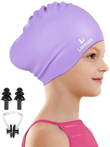 Lasmare Badekappe Kinder mit Langen Haaren für Mädchen und Jungen, Silikon Bademütze in 2 Größen im Alter von 3–15 Jahren, wasserdichte Badekappe mit Ohrstöpseln und Nasenklammer(Alter 8-15/Violett)