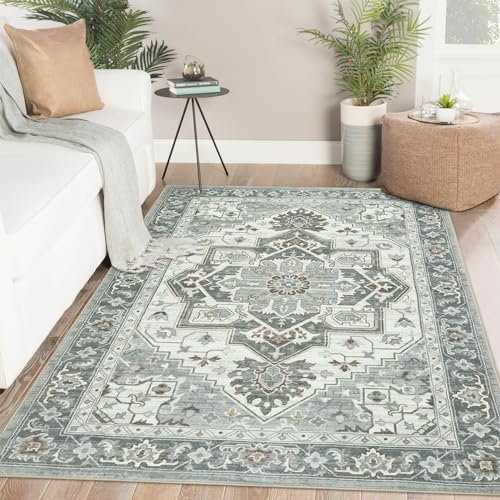 Famibay Rugs for Bedroom 90x150cm Washable Rugs Living Room Soft Short Pile Small Area Rug Vintage Sage Green Kitchen Carpet Runner Non Slip for Hallway Living Room Bedroom