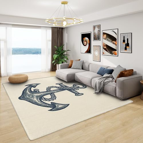 Teppich Maritim Klein - Teppich Wohnzimmer Schlafzimmer Anker, Großer Teppich Ankermotiv Nautisch, Weich Kurzflor & Waschbar & rutschfest Kinderteppich, Bettvorleger 100x200 cm
