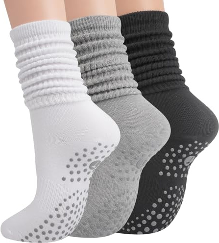 Horuru Grip Pilates Socks for Women, Yoga Slouch Socks with Grip for Barre Workout Hospital Long Scrunch Slipper Socks