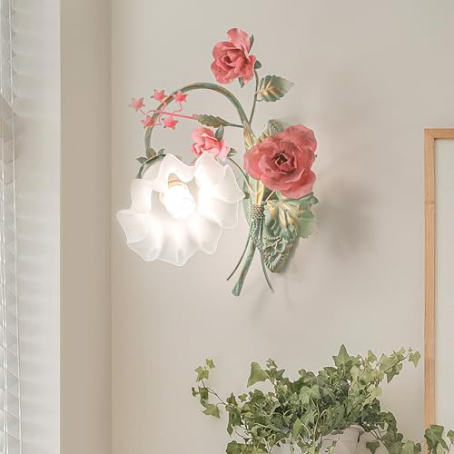 meibeileil Vintage Flower Wall Lights,Metal Wall Lights for Living Room with Floral Glass Lampshade,Retro Wall Sconces for Bedroom Corridor Hallway Stair Aisle Art Deco E27 Right 40 * 40CM