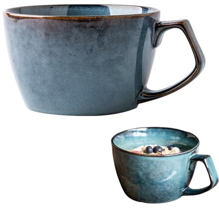 Stor kaffekopp, 650 ml kopp stor, keramisk soppskål med handtag, kaffemugg, müsliskålar, salladsskål med handtag, XXL cappuccino-koppar, ramen skål (blå)